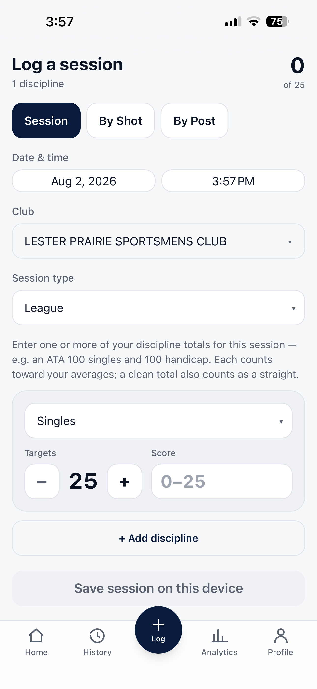 Session mode: enter your discipline totals